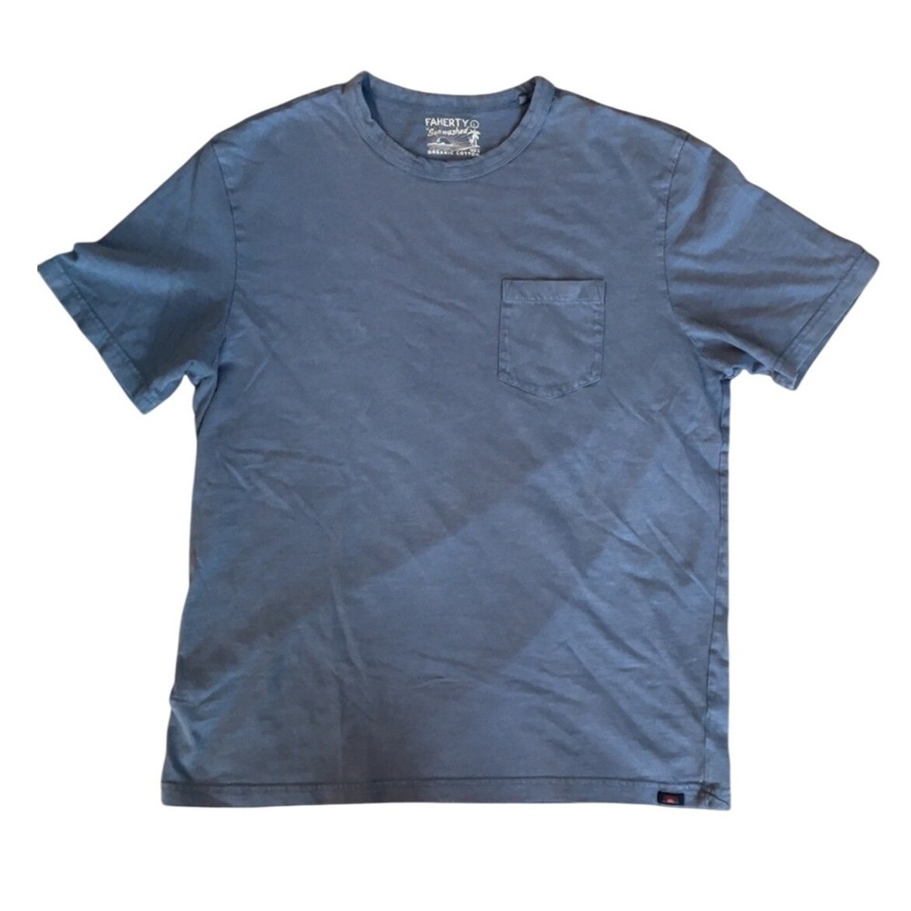 Faherty Sunwashed Organic Cotton Blue Crew Neck Tee SZ: L